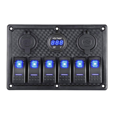 Prietaisų jungiklių skydelis su USB, 12V lizdais bei voltmetru
