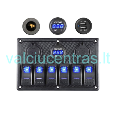 6-ių jungiklių skydelis su voltmetru/usb/rozete
